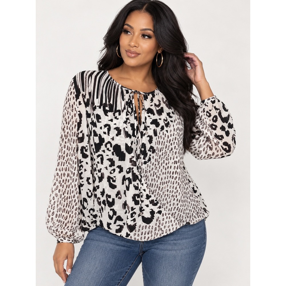 Cabi Zebra Blouse Black White Mixed Animal Print Tie Neck Draped Top Size M